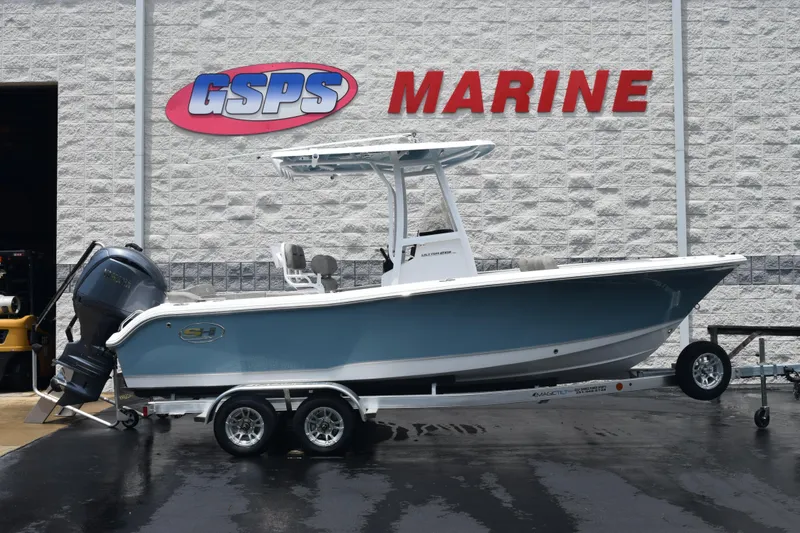 Slide: The Image of 2026 Sea Hunt Ultra 219 boat on trailer at GSPS Marine dealership. - 1