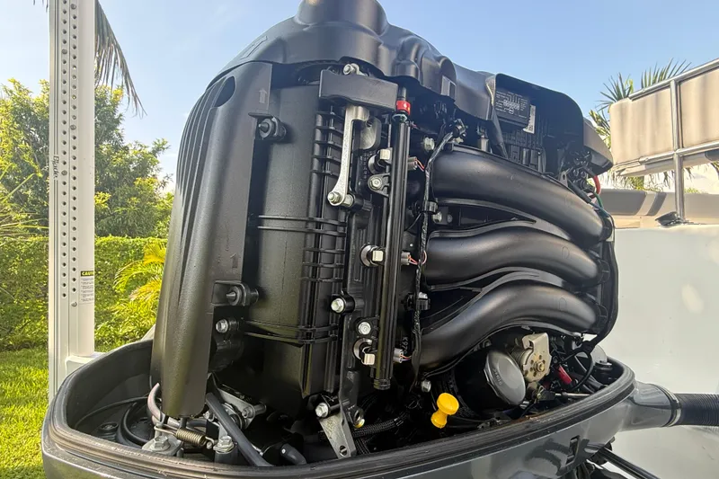 Slide: The Image of 2020 Striper 220 Center Console boat engine, detailed view with lush greenery background. - 17