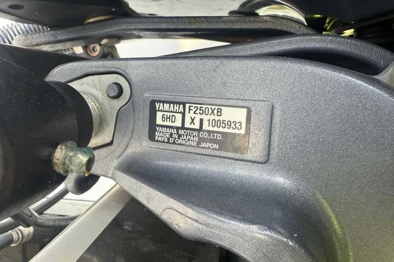 Slide: The Image of Yamaha F250XB engine label on 2020 Striper 220 Center Console boat. - 68