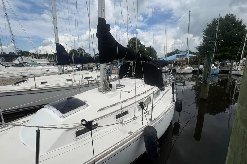 Slide: The Image of 1981 Sabre 31 sailboat docked at marina, surrounded by other boats under cloudy sky. - 36