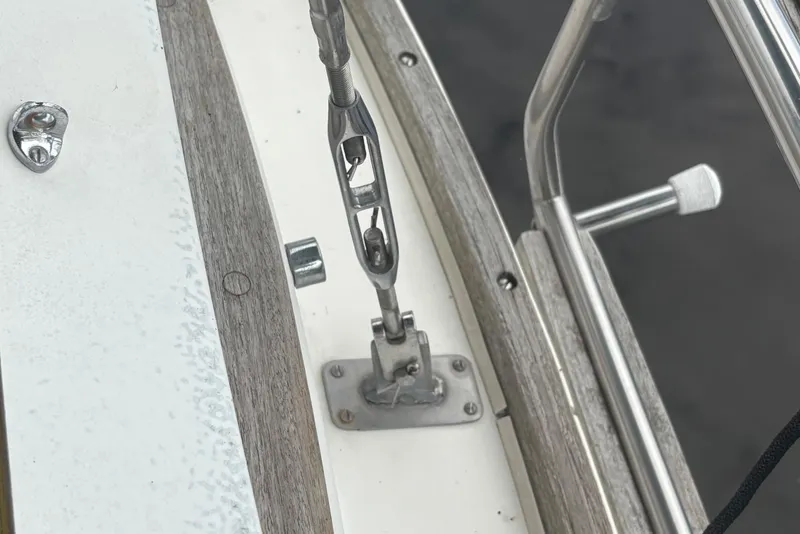 Slide: The Image of Close-up of rigging hardware on a 1981 Sabre 31 sailboat deck. - 43