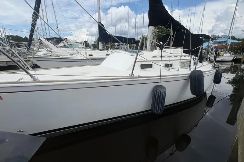 The Image of 1981 Sabre 31 sailboat docked at marina, featuring sleek design and stainless steel railings. - 0