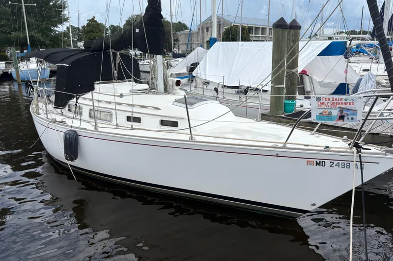 Slide: The Image of 1981 Sabre 31 sailboat docked at marina, surrounded by other boats. - 8