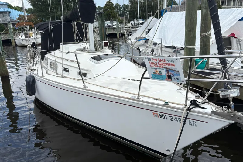 Slide: The Image of 1981 Sabre 31 sailboat deck with railing and hatch, docked by the water. - 9