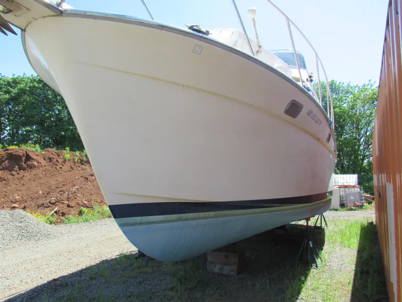 Slide: The Image of 1989 Tollycraft Sport Sedan boat on land, side view, sunny day. - 20