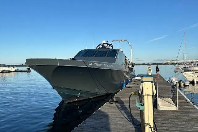 Slide: The Image of Riverhawk 73 Sea Stryker Fast Patrol Boat docked at marina, 2012 model. - 3