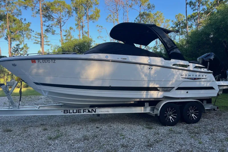 Slide: The Image of 2025 Monterey 255 Super Sport boat on trailer, surrounded by trees. - 6