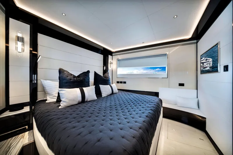 Slide: The Image of Luxurious bedroom interior of 2021 Sirena 88 yacht with modern design and ocean view. - 107
