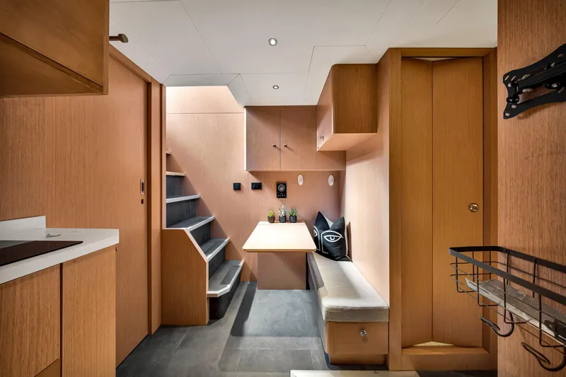 Slide: The Image of Modern interior of 2021 Sirena 88 yacht with wooden cabinetry and sleek design. - 136