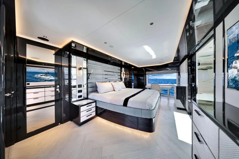 Slide: The Image of Luxurious interior of 2021 Sirena 88 yacht with modern bedroom and ocean view. - 72