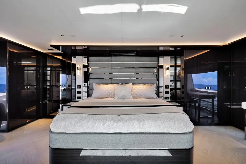 Slide: The Image of Luxurious bedroom interior of 2021 Sirena 88 yacht with modern design and elegant lighting. - 79