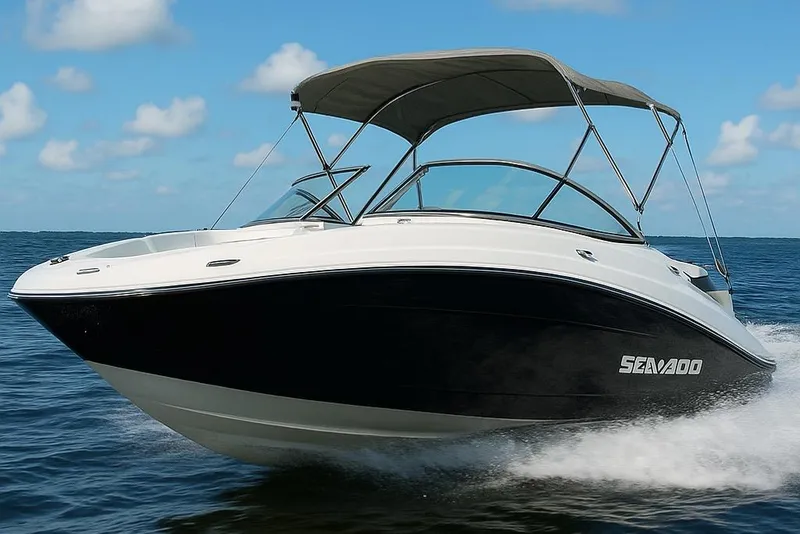 Slide: The Image of 2010 Seadoo 210 Challenger SE boat cruising on open water under clear skies. - 26