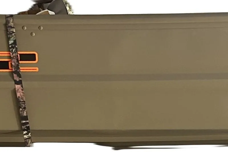Slide: The Image of 2026 Tracker Grizzly 12 Jon boat, olive green, partial side view with camouflage strap. - 9