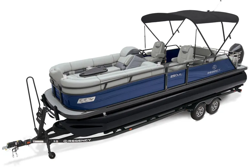 Slide: The Image of 2025 Regency 250 LE3 Sport pontoon boat with spacious gray seating and modern design. - 2