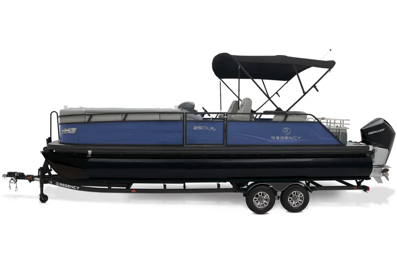 Slide: The Image of 2025 Regency 250 LE3 Sport pontoon boat with spacious seating and storage compartments. - 5