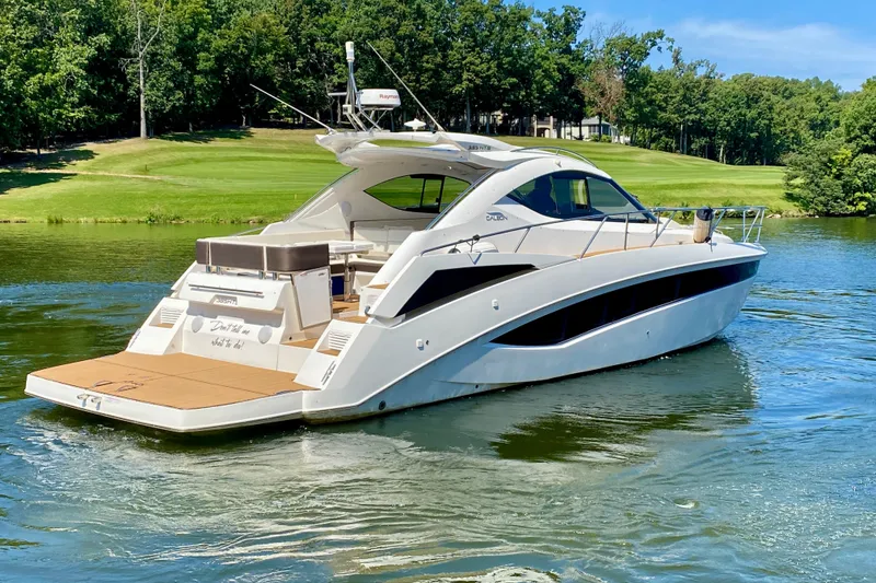 Slide: The Image of Chrome "Galeon" logo on 2018 Galeon 385 HTS yacht exterior. - 12