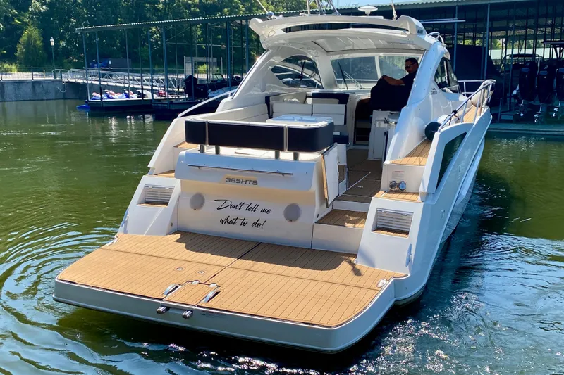 Slide: The Image of 2018 Galeon 385 HTS yacht with sleek deck design and modern features. - 15