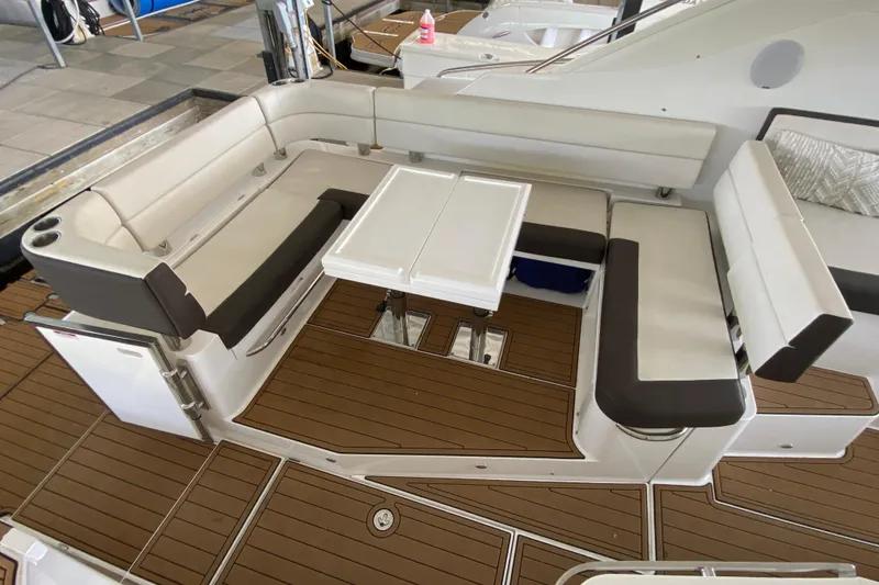 Slide: The Image of Interior helm of 2018 Galeon 385 HTS yacht with steering wheel and seating. - 27