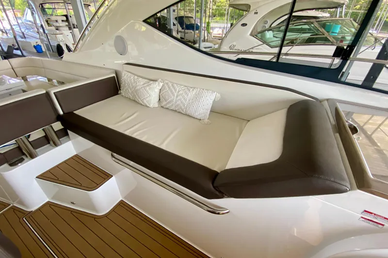 Slide: The Image of Luxurious interior of 2018 Galeon 385 HTS yacht with elegant seating and wooden accents. - 39
