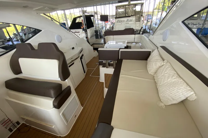 Slide: The Image of Luxurious interior of 2018 Galeon 385 HTS yacht featuring elegant wood finishes and modern bathroom. - 43