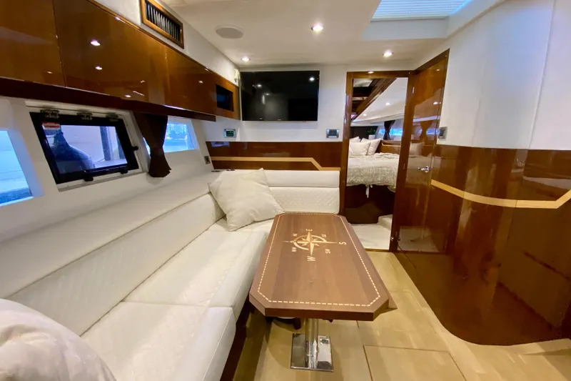 Slide: The Image of Cozy bedroom interior of 2018 Galeon 385 HTS yacht with plush bedding and modern decor. - 48