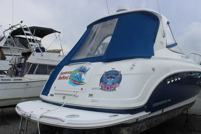 Slide: The Image of 2008 Chaparral Signature 350 boat with blue canopy and cartoon decals on the rear. - 11
