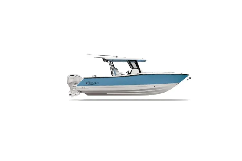 The Image of 2026 Robalo R300 Center Console boat, side view, blue and white design. - 0