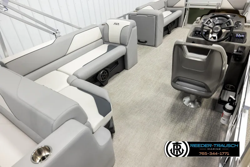 Slide: The Image of Interior of 2026 Avalon VEN CRB boat with modern seating and steering console. - 11