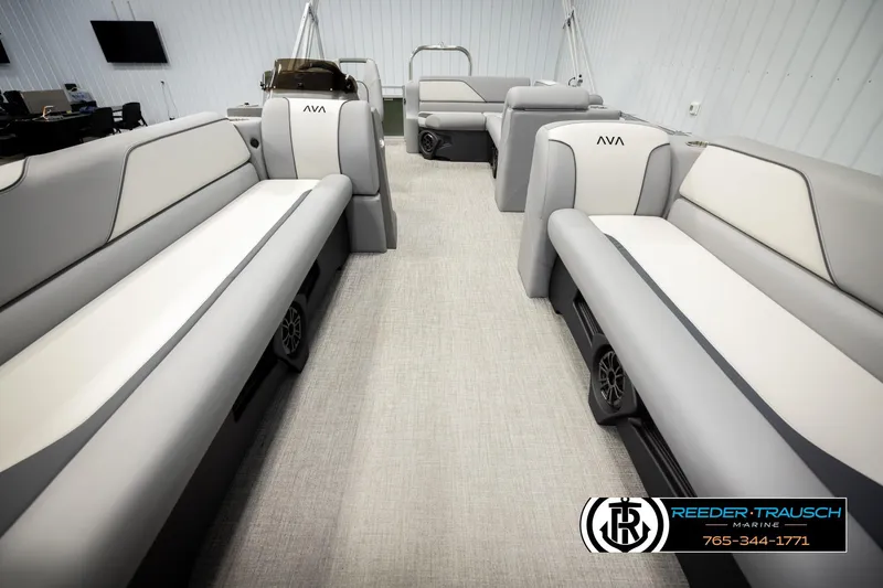 Slide: The Image of Luxurious interior of 2026 Avalon VEN CRB pontoon boat with plush seating. - 12