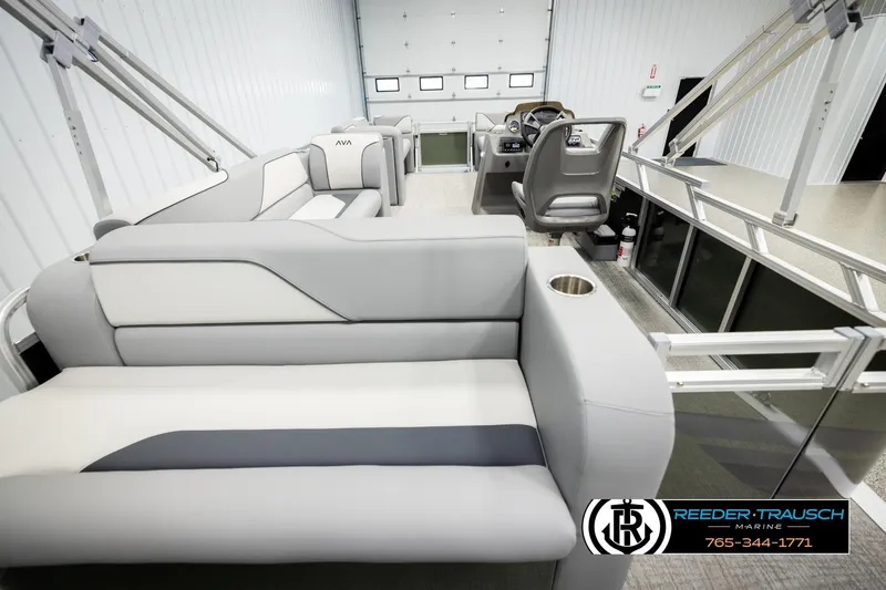 Slide: The Image of Interior of 2026 Avalon VEN CRB boat with modern seating and steering console. - 15