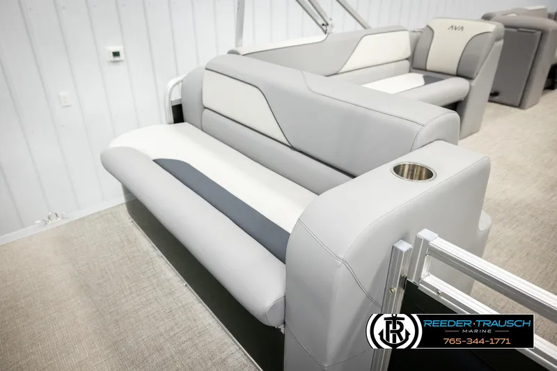 Slide: The Image of Luxurious seating on 2026 Avalon VEN CRB boat with cup holder, gray and white upholstery. - 21