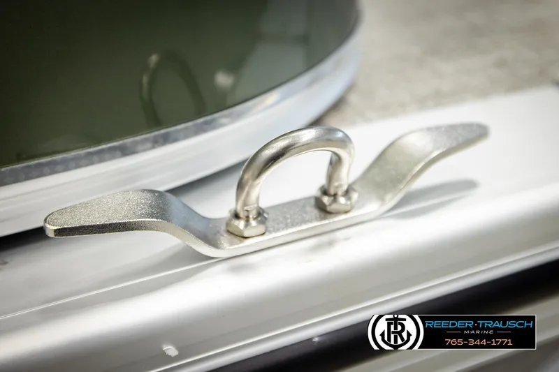 Slide: The Image of Close-up of a 2026 Avalon VEN CRB boat cleat, featuring Reeder-Trausch Marine branding. - 46