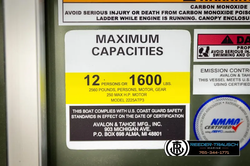Slide: The Image of Maximum capacity label for Avalon VEN CRB 2026 boat, 12 persons or 1600 lbs. - 47