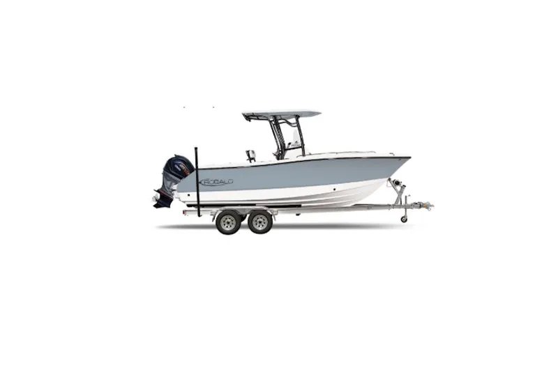 The Image of 2026 Robalo R230 Center Console boat on trailer, side view. - 0