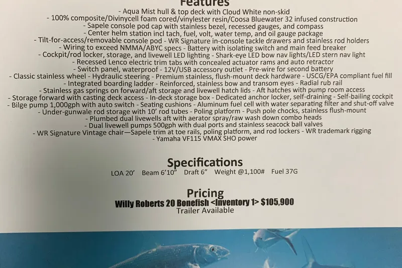 Slide: The Image of 2026 Willy Roberts 20 Bonefish features and specifications, priced at $105,900. - 21