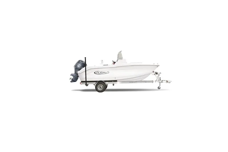 The Image of 2026 Robalo R180 Center Console boat on trailer, side view. - 0