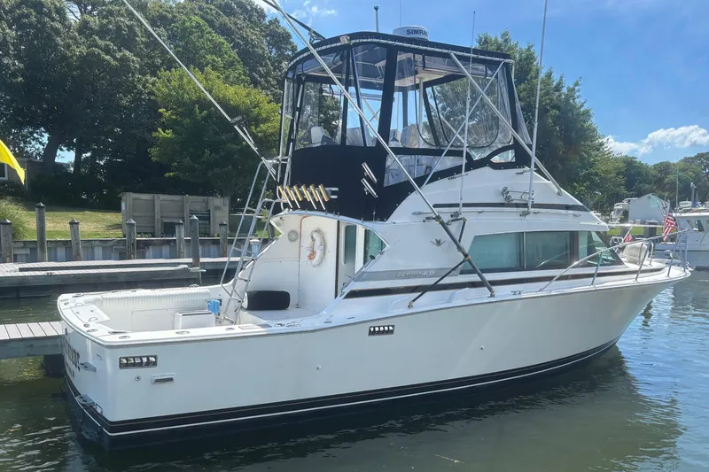 Slide: The Image of 1998 Bertram 33 Convertible Sport Fisherman docked, featuring sleek design and fishing equipment. - 2