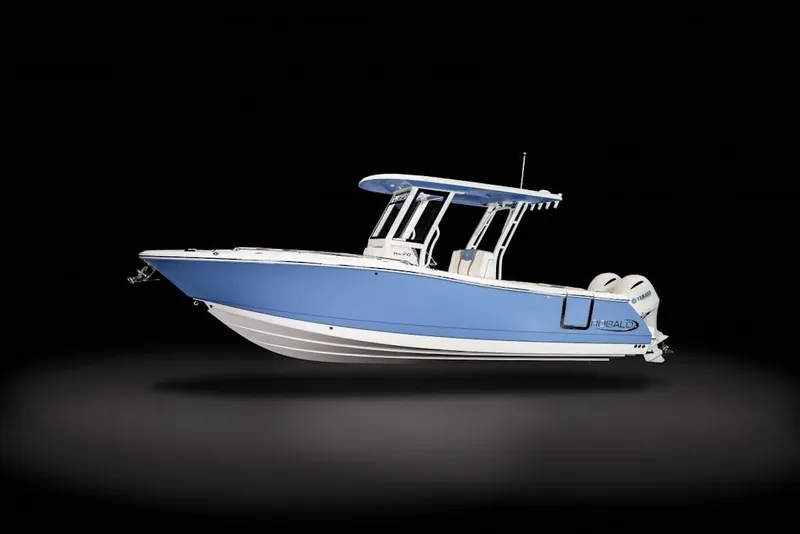 The Image of 2026 Robalo R270 Center Console boat with blue hull on black background. - 0