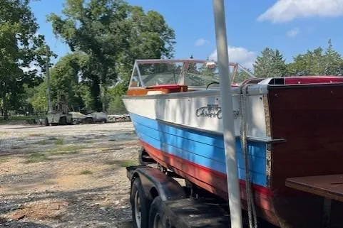Slide: The Image of 1963 Chris-Craft Sea Skiff "The Blue Angel" boat with American flag, St. Michaels, MD. - 6