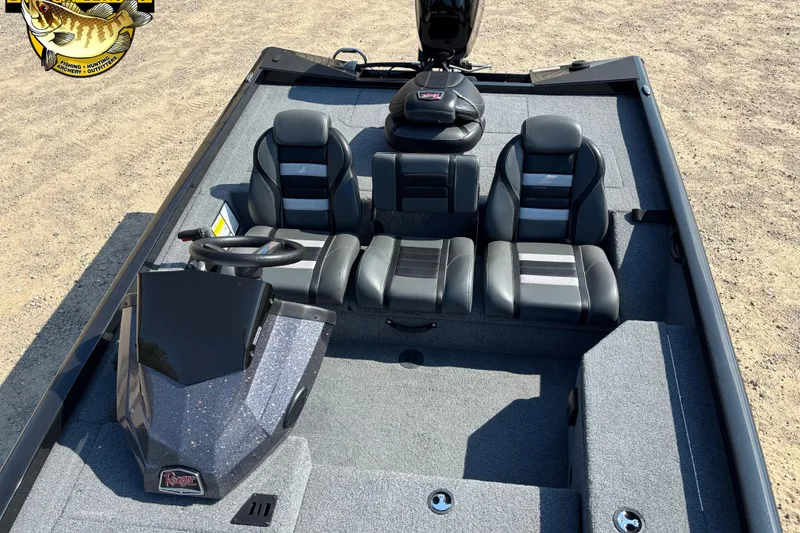 Slide: The Image of 2024 Ranger RT178 boat interior with black seats and steering console. - 9