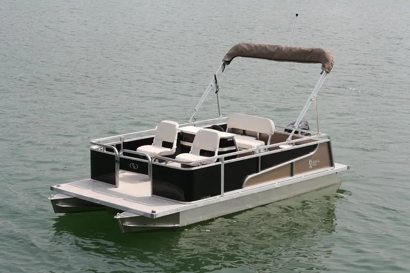 Slide: The Image of 2026 Paddle King LO PRO FISHER pontoon boat on calm water. - 1