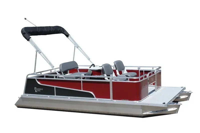 Slide: The Image of 2026 Paddle King LO PRO FISHER pontoon boat, red and black design, with seating and canopy. - 2