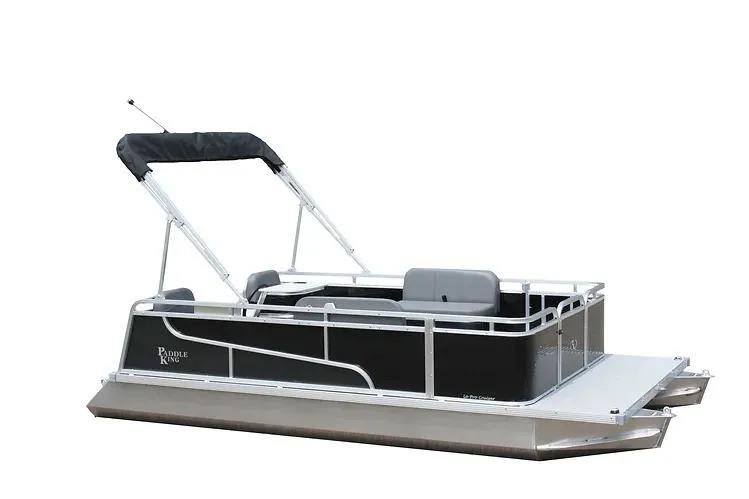 Slide: The Image of 2026 Paddle King LO PRO FISHER pontoon boat with canopy and seating. - 3