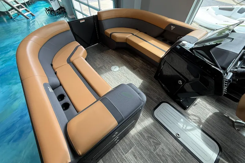 Slide: The Image of Luxurious interior of 2025 Viaggio Lago X-D boat with tan and gray seating. - 3