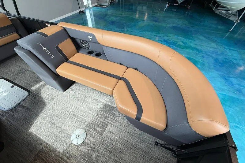 Slide: The Image of Luxurious seating in 2025 Viaggio Lago X-D boat, featuring tan and gray upholstery. - 4