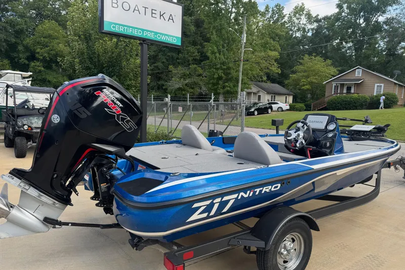 Slide: The Image of 2023 Nitro Z17 boat with Mercury Pro XS engine at Boateka dealership. - 2