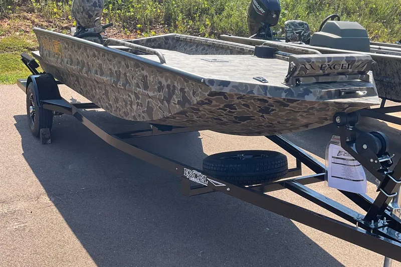 The Image of 2026 Excel 1651 Viper F4 boat with camouflage design on a trailer. - 0