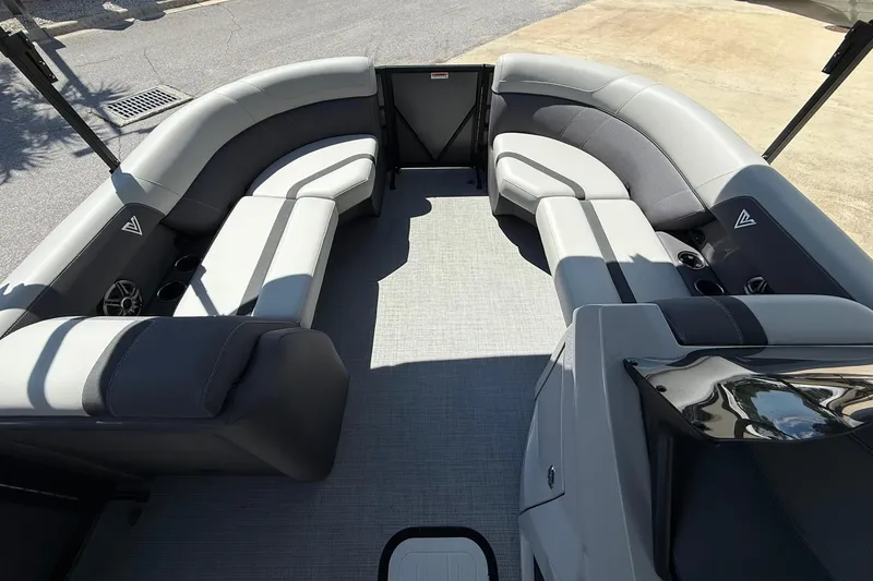 Slide: The Image of 2026 Viaggio Lago X-C boat interior with gray seating and modern design. - 4