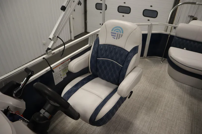 Slide: The Image of 2023 Nepallo 20 CW Pontoon captain's chair with blue and white upholstery. - 25