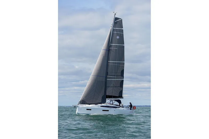 Slide: The Image of 2025 Jeanneau Sun Odyssey 380 sailing on open water under cloudy skies. - 7